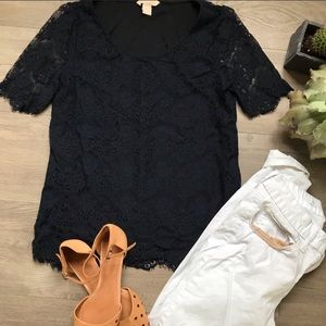 Banana Republic Navy Lace 1/2 Sleeve Top